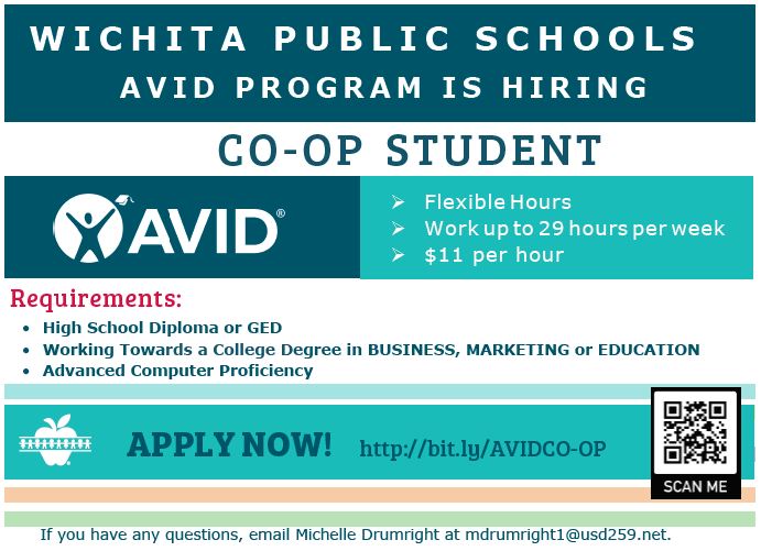 #WPSAVID is hiring a co-op student to work closely with the AVID district team on various initiatives! If you are pursuing a degree in business, marketing, or education...this could be an excellent fit for you! APPLY NOW!!! bit.ly/AVIDCO-OP #WPSProud #AVIDStrong