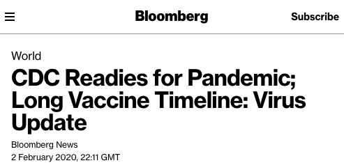 2 Feb 2020: 'Vaccine Could Take Year or More, Glaxo Says... EU Doesn’t See Need for Broad Travel Restrictions'