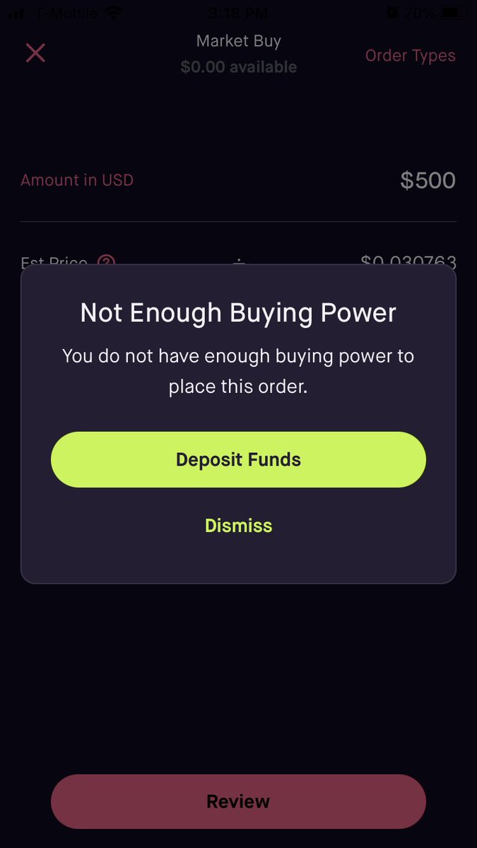 ShaunPraterRE's tweet photo. Come on @RobinhoodApp I can buy everything but #dogecoin always get this message when I go to buy. Do better fellas!!! https://t.co/PBQepOoZyD