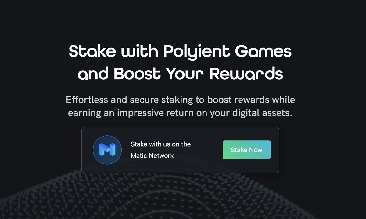 polyient's tweet photo. Why stake stake your #MATIC with @PolyientGames?
0⃣% fees for a limited time, plus many other perks.
Visit https://t.co/CxnlMG10U5 to get started!
@maticnetwork #MATICNetwork
#StakeMATICwithPolyient #MATICwithPolyientGames https://t.co/C7Mjd25SsF