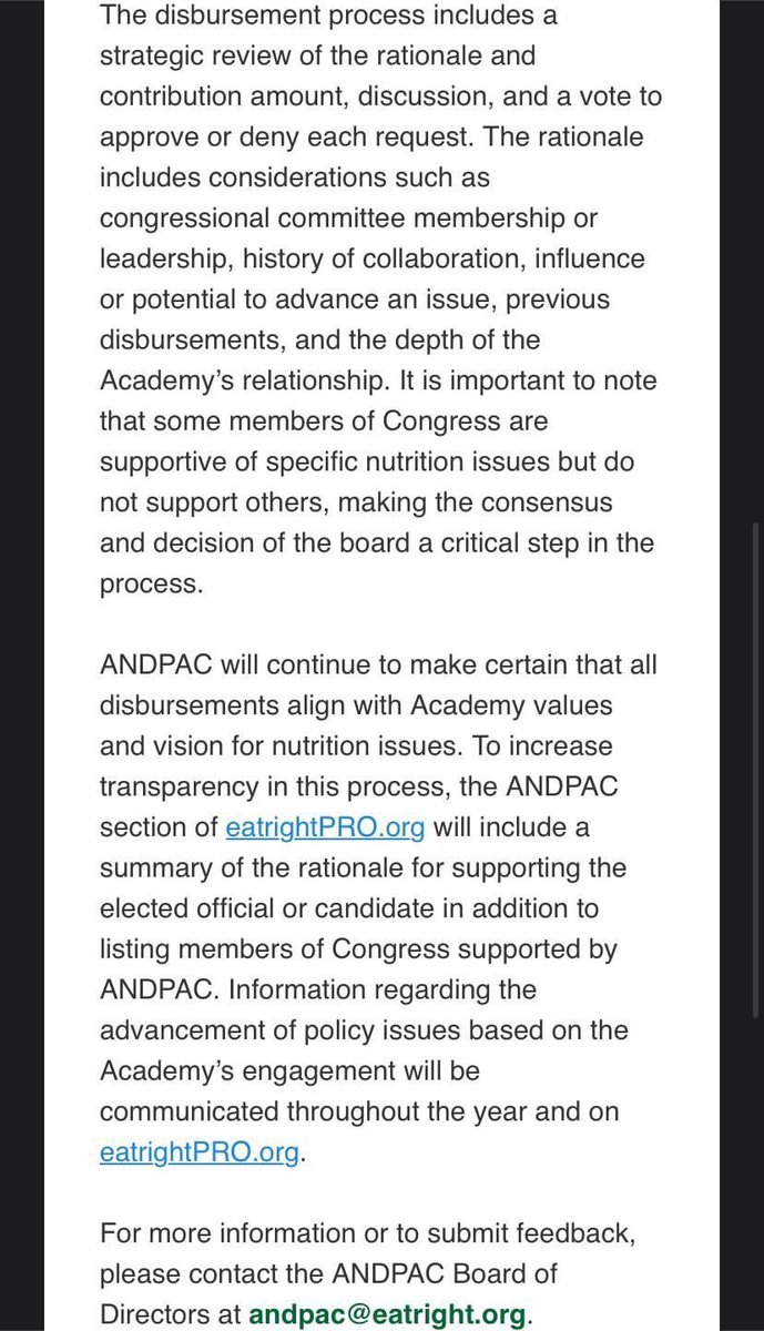 SHodgesRDN's tweet photo. UPDATE: @eatrightPRO #ANDPAC does not decide to stop contributions to MOCs who have voted to overturn the election results. They are increasing “transparency” by providing a rationale of the donation. Good luck rationalizing giving money to MOCs who caused an insurrection. https://t.co/hGeFL8FiUi
