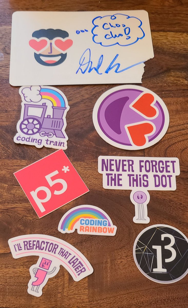 Look at all the fun stickers I got from the <a href="/thecodingtrain/">The Coding Train</a> ! My favorite is the "I'll refactor that later" one ;)
