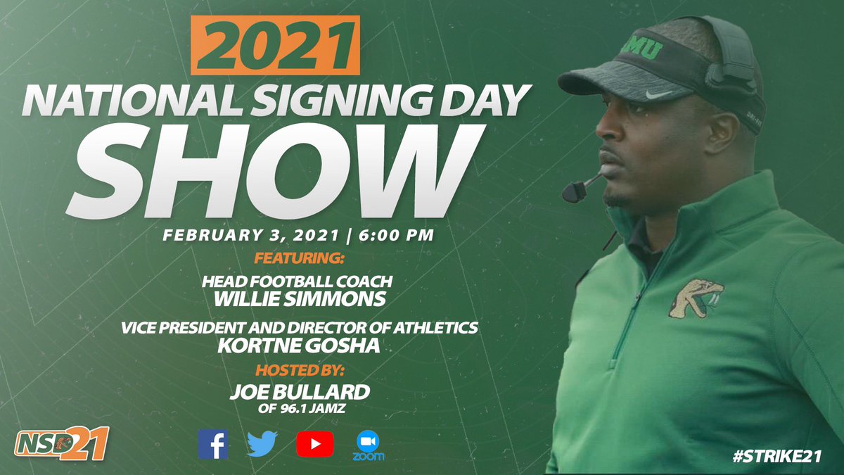 #Rattlers, Join us at 6️⃣:0️⃣0️⃣ tomorrow as we host our 2021 National Signing Day Show! 🖊

The show will be broadcasted via Facebook, Twitter, and YouTube! 

Come welcome our next set of #Rattlers to the #FAMUly 🐍🏈💨

#FAMU #LeaveNoDoubt #StrikeNow #FangsUp