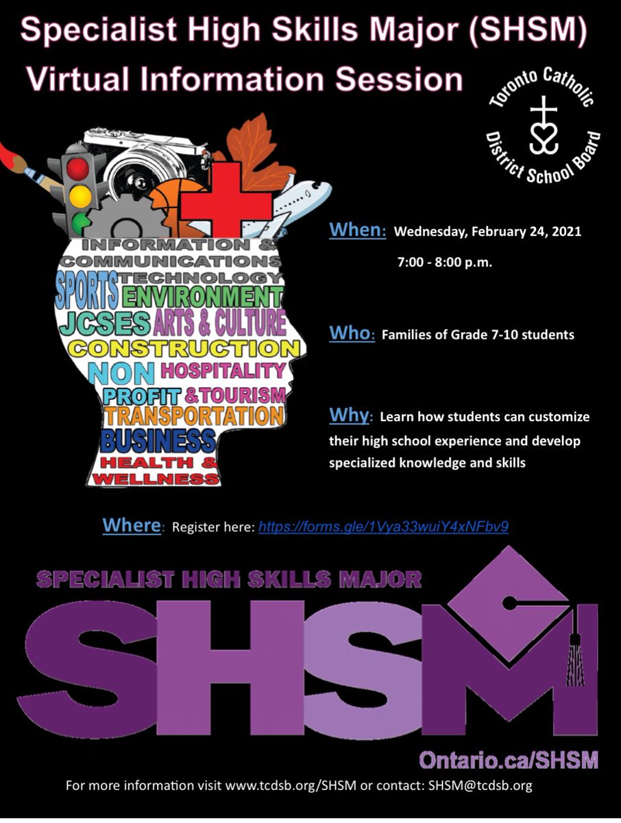 ICYMI🍎

<a href="/TCDSB/">Toronto Catholic District School Board</a> Virtual SHSM Info Session on Wednesday, Feb 24, 2021 from 7-8 pm

Register ⤵️
docs.google.com/forms/d/e/1FAI…

Questions 🤔❓ SHSM@tcdsb.org 

<a href="/ZeljkaTCDSBSHSM/">Zeljka</a> <a href="/TCDSB_StAnne/">St. Anne Catholic Academy</a> <a href="/aly_sobol/">Alyson Sobol</a> <a href="/StJ_ArcGuidance/">StJoanofArcCA Guidance</a>