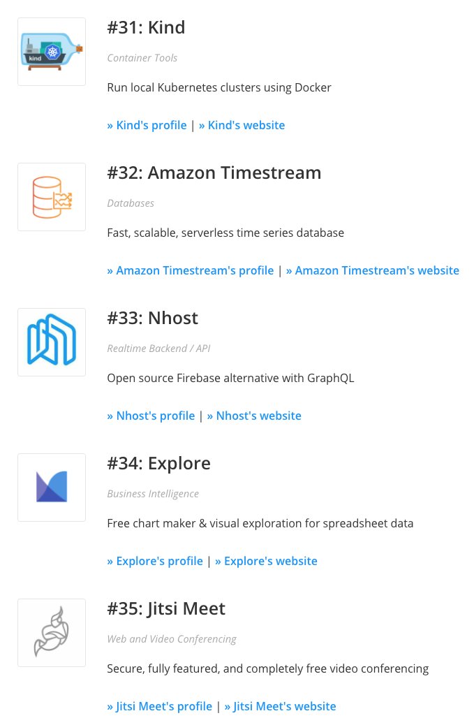 stackshareio's tweet image. New Tool of the Year, Runner-Up:

6) Kind (by @BenTheElder)
7) @awscloud Timestream
8) @nhostio
9) @GetCharts 
10) @jitsinews 

buff.ly/36klYaa #StackShareAwards