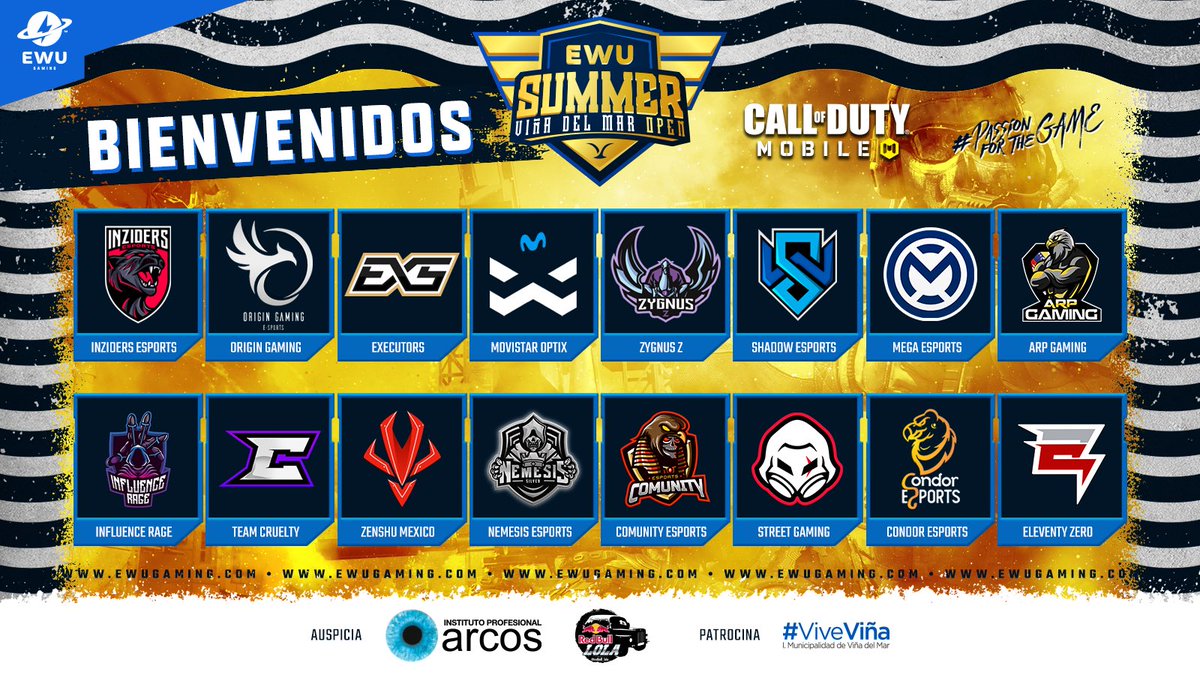 EWU⚡️Gaming (@ewugamingmobile) on Twitter photo 📣Jueves 4 de Febrero 19:00hrs 🇨🇱 🇦🇷 #CoDMobile
💥Presentación oficial de los 16 equipos elegidos para el gran show EWU⚡️Summer #VinadelMar
💥#Bienvenidos a todos y esperamos que nos brinden el mejor de los espectáculos‼️
Ausp. @InstitutoArcos <a href="/redbullgaming/">Red Bull Gaming</a> <a href="/vinadelmar/">Municipio de Viña del Mar</a> 📣Jueves 4 de Febrero 19:00hrs 🇨🇱 🇦🇷 #CoDMobile
💥Presentación oficial de los 16 equipos elegidos para el gran show EWU⚡️Summer #VinadelMar
💥#Bienvenidos a todos y esperamos que nos brinden el mejor de los espectáculos‼️
Ausp. @InstitutoArcos <a href="/redbullgaming/">Red Bull Gaming</a> <a href="/vinadelmar/">Municipio de Viña del Mar</a>