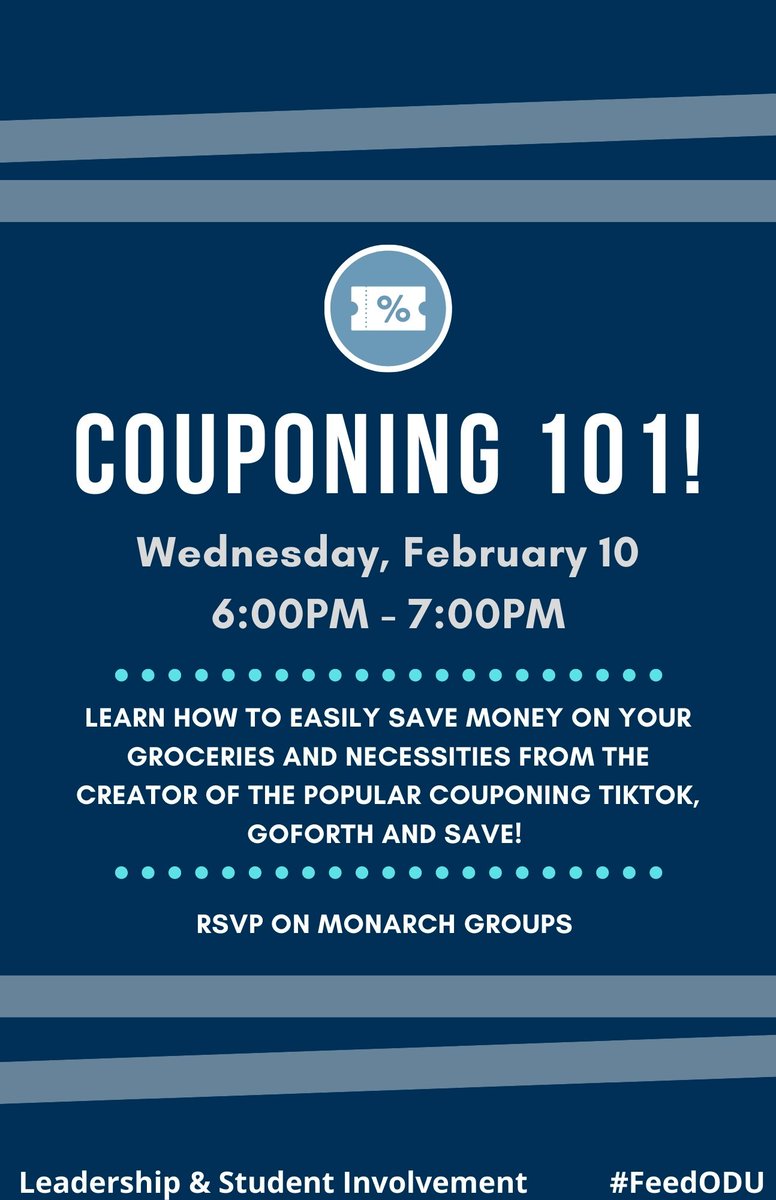Join us for Couponing 101 to learn how to get your groceries and necessities for cheap - or even free! An ODU alum with a popular couponing TikTok is sharing all her tips and tricks. #odu 

Register on MonarchGroups here: odu.campusgroups.com/LSI/rsvp_boot?…