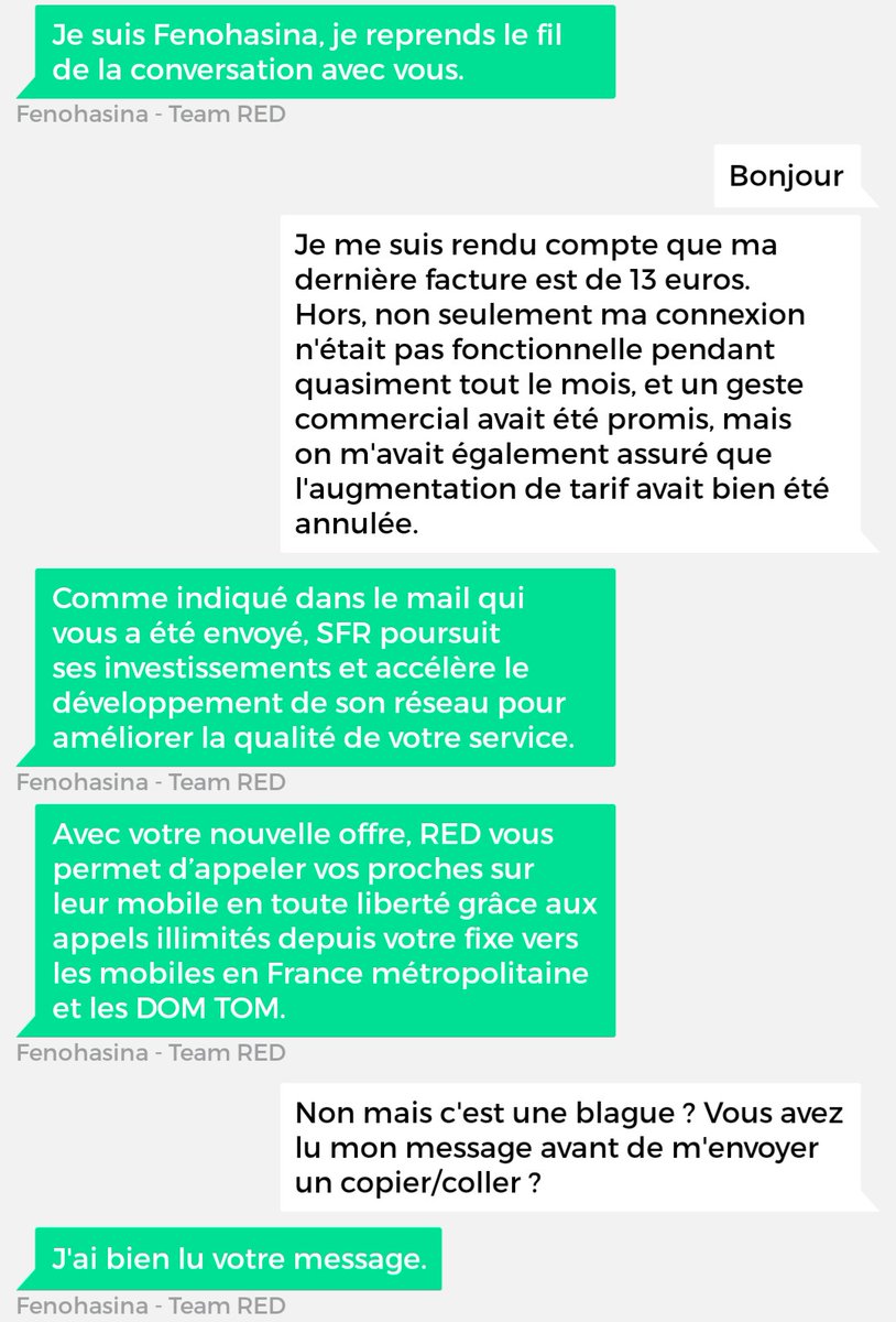 Kcazer's tweet photo. Et sinon, l'assistance @REDbySFR qui ne prend pas le temps de lire les demandes et qui envoit juste une réponse tout faite sur l'augmentation forcée, on en parle ? @pigeon_telecom https://t.co/ZEAIRV9fDq