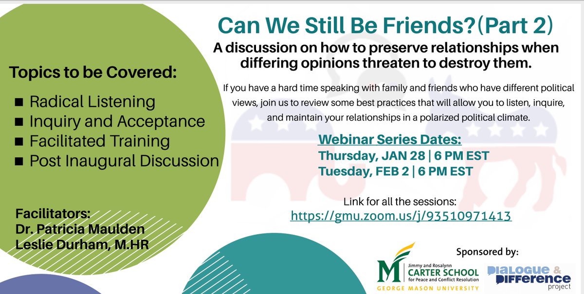 DAndDProject's tweet image. Don't miss out on the fourth and final session of Can We still Be Friends? tonight at 6pm. Join us as we consider how to talk through difference, listen radically, and find radical interconnectedness in a polarized world for one last night. gmu.zoom.us/j/93510971413