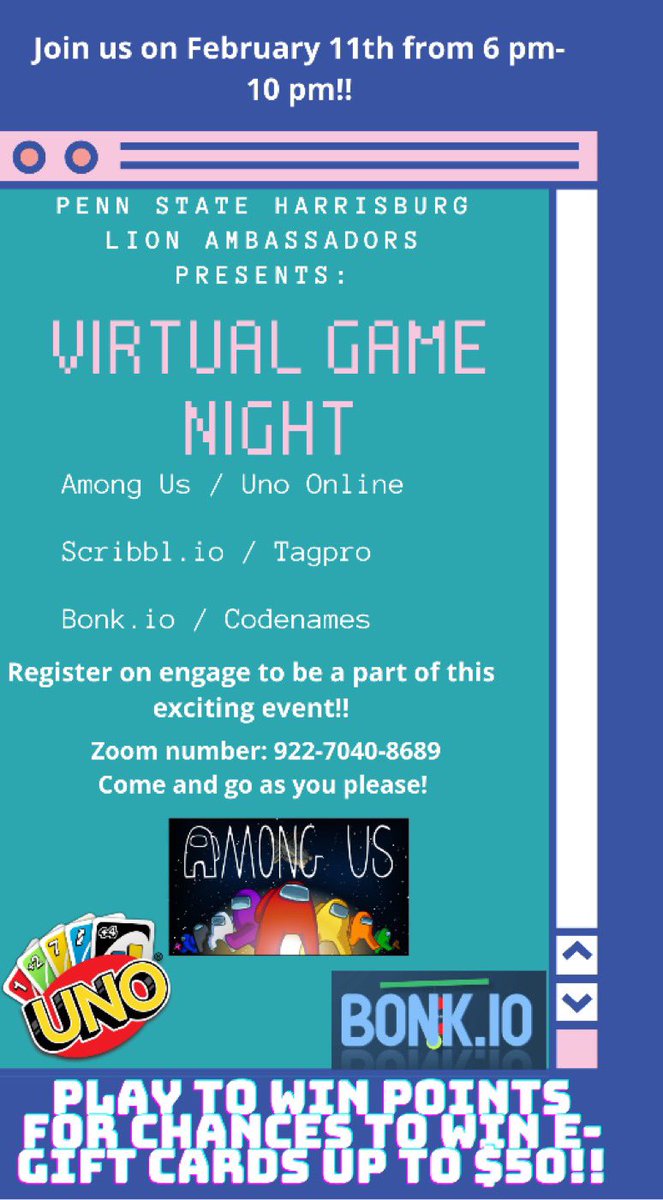 state_lion's tweet photo. Hey everyone, this semester we’re back and better! Thursday Feb 11th we have our virtual game night from 6p-10p. Pre-registration is appreciated. Don’t miss out!!
Register Link: https://t.co/cfIn4WNaUD https://t.co/0tB7Xgf1yo