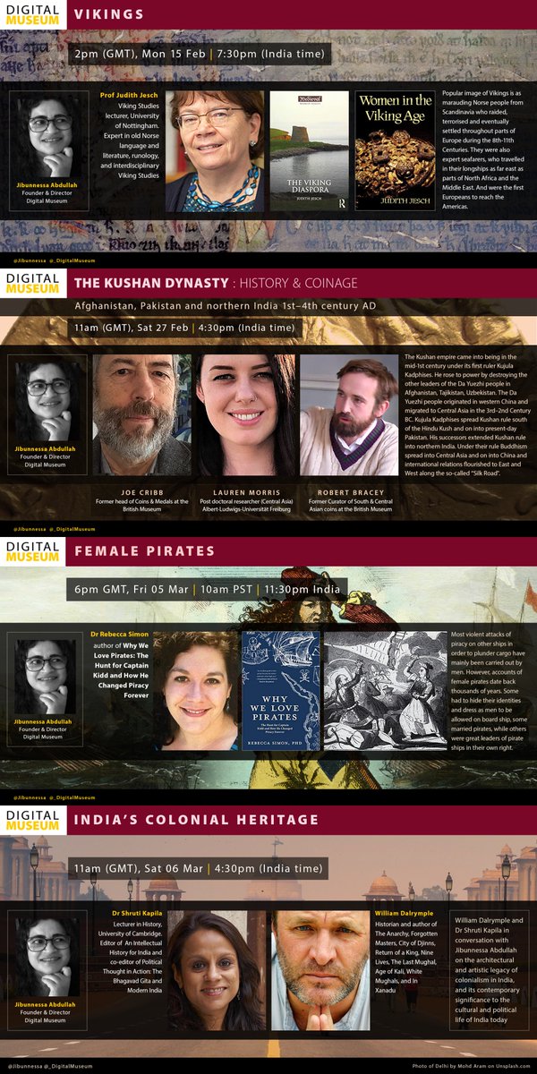 Jibunnessa Abdullah (@jibunnessa) on Twitter photo 1⃣VIKINGS
Mon 15 Feb 2pm UK
us02web.zoom.us/webinar/regist…
2⃣KUSHAN DYNASTY
Sat 27 Feb 11am UK
us02web.zoom.us/webinar/regist…
3⃣FEMALE PIRATES
Fri 05 Mar 6pm UK
us02web.zoom.us/webinar/regist…
4⃣INDIA’S COLONIAL HERITAGE
Sat 06 Mar 11am UK
us02web.zoom.us/webinar/regist…
<a href="/Jibunnessa/">Jibunnessa Abdullah</a> <a href="/shrutikapila/">Shruti Kapila</a> <a href="/Beckalex/">Dr. Rebecca Simon FRHistS</a> 1⃣VIKINGS
Mon 15 Feb 2pm UK
us02web.zoom.us/webinar/regist…
2⃣KUSHAN DYNASTY
Sat 27 Feb 11am UK
us02web.zoom.us/webinar/regist…
3⃣FEMALE PIRATES
Fri 05 Mar 6pm UK
us02web.zoom.us/webinar/regist…
4⃣INDIA’S COLONIAL HERITAGE
Sat 06 Mar 11am UK
us02web.zoom.us/webinar/regist…
<a href="/Jibunnessa/">Jibunnessa Abdullah</a> <a href="/shrutikapila/">Shruti Kapila</a> <a href="/Beckalex/">Dr. Rebecca Simon FRHistS</a>
