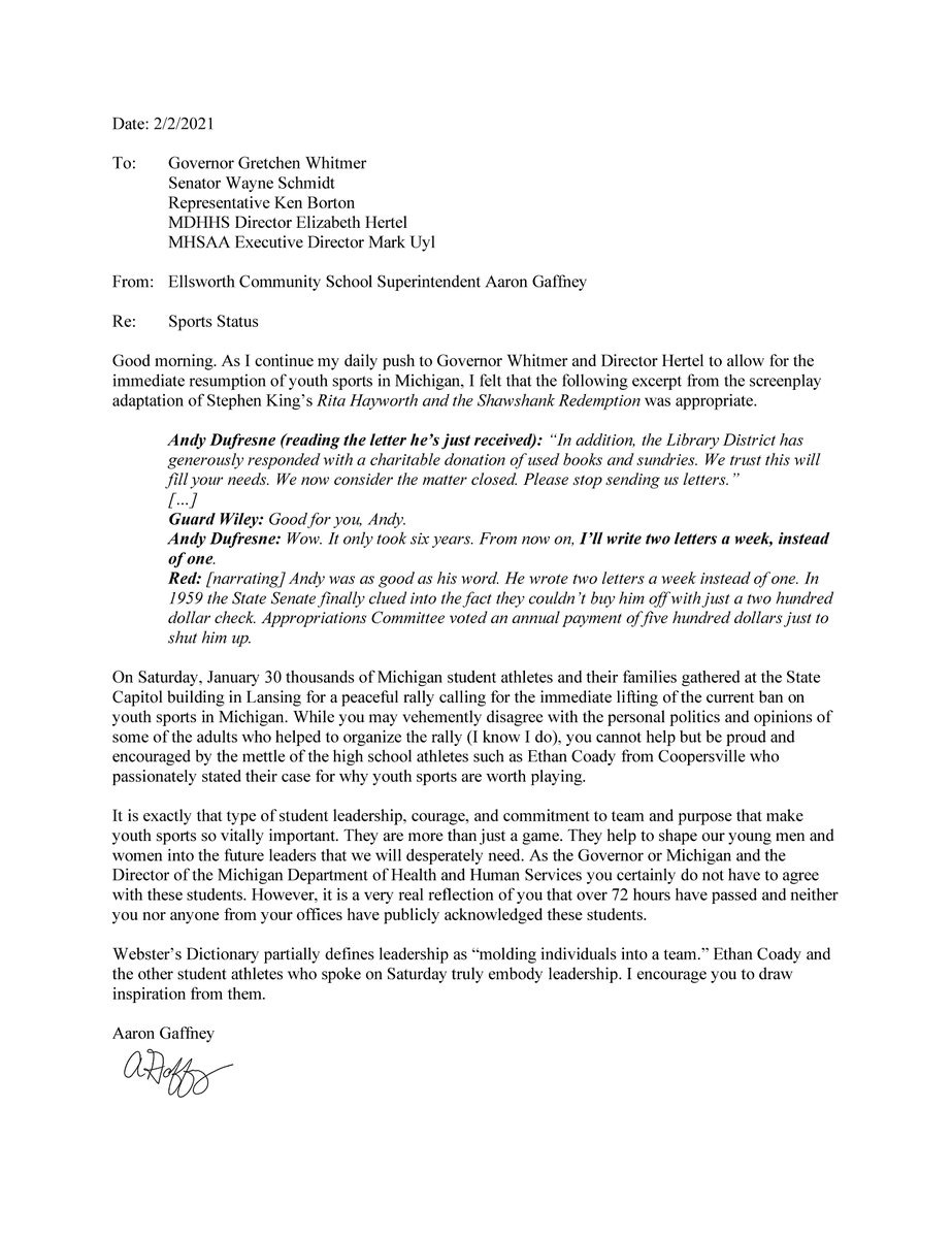Letter of the day to <a href="/GovWhitmer/">Governor Gretchen Whitmer</a> <a href="/MDHHS_Director/">Elizabeth Hertel</a> <a href="/MHSAA/">MHSAA</a> <a href="/MASASupts/">MASA</a> #LetThemPlay #LetUsPlay