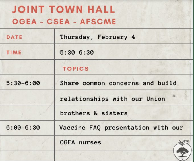 OAfscme's tweet photo. Joint town hall meeting on Thursday, Feb 4 with OGEA, CSEA and AFSCME. There will also be vaccine information from our OGEA nurses. Contact us for the link. #OGEAstrong #advancingOGSD @OgeaStrong https://t.co/WLHzarYp0M