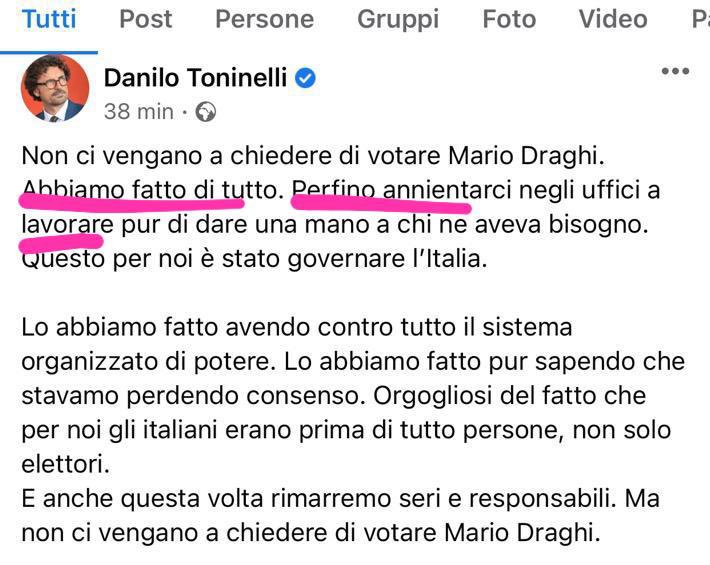 Toninelli boccia l’ipotesi Draghi e spiega che in questi anni ha fatto di tutto, perfino lavorare.