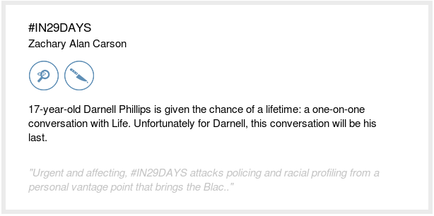 theblcklst's tweet photo. Black List readers think you should read #IN29DAYS by Zachary Alan Carson https://t.co/dclyOKFzUC #BlackListWeekendRead https://t.co/b1LkW85tYg