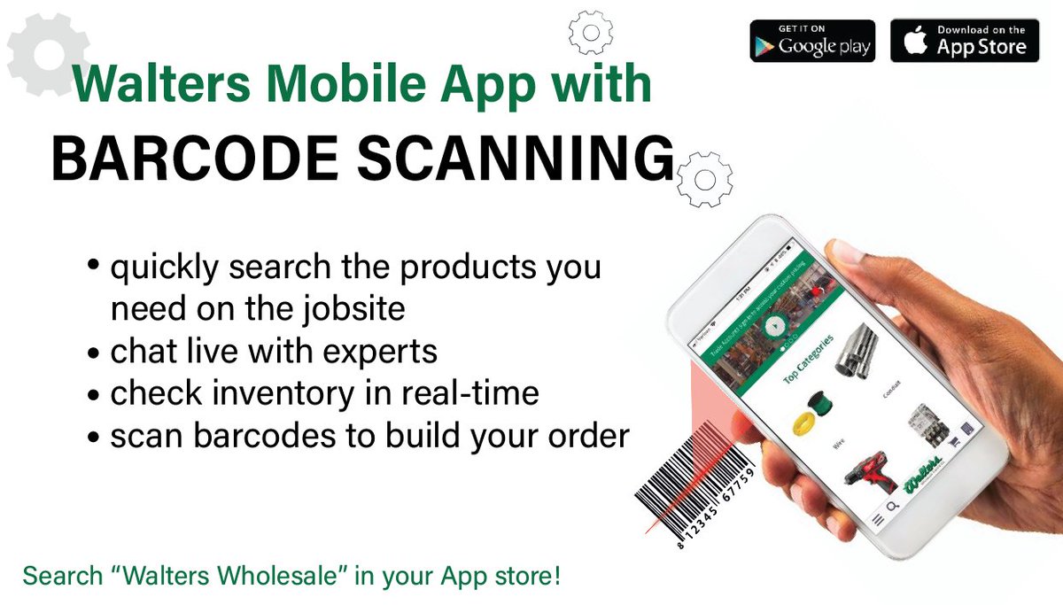 Did you know the Walters mobile app brings the same great features as our website plus the power and convenience of barcode scanning?  Scan manufacturer barcodes, or use a complimentary custom barcode book or labels to place your order.