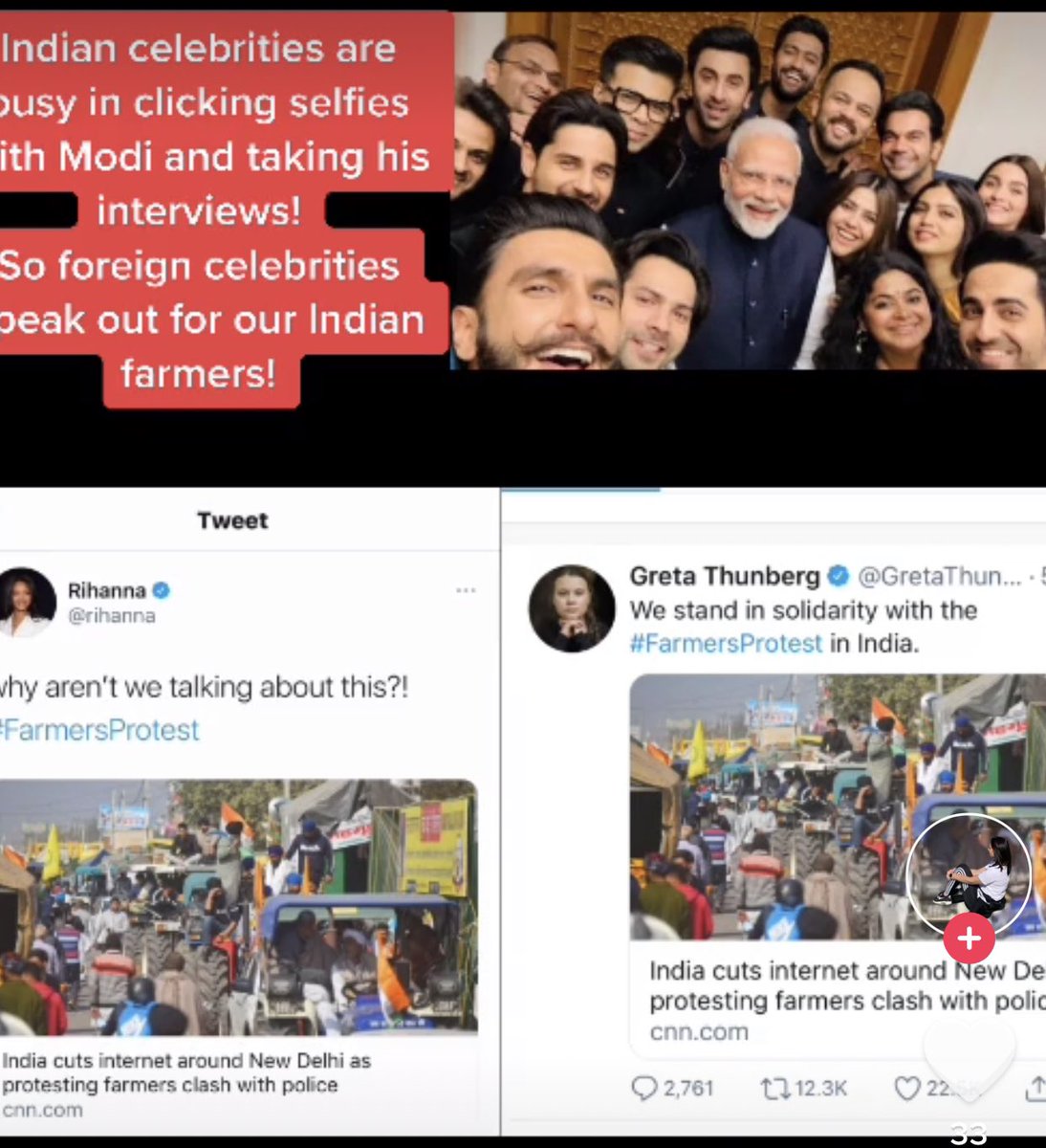 paramsi52417355's tweet photo. Thank you Rihanna, Kell  brook and Greta Thunberg. Indian celebrities are busy with a big thug modi @akshaykumar @iamsunnydeol @aapkadharam @SunnyLeone @deepikapadukone @AnilKapoor @TheRajKundra @ayushmannk @ajaydevgn @itsKajolD https://t.co/K7E7AQMn3r