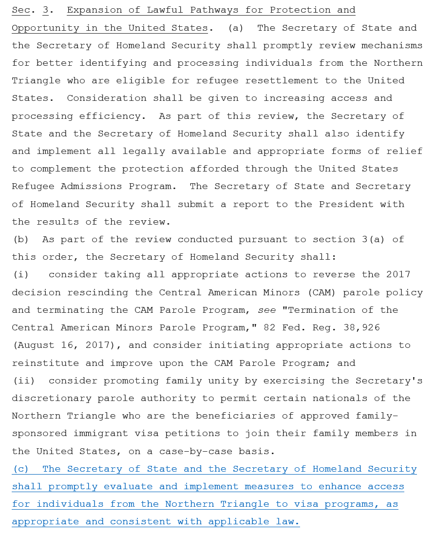 Next, we get an order for the Secretary of State and DHS Secretary to expand access to protections that can be applied for from abroad—like refugee status. They also call for the restoration of the Central American Minors Program, and parole for some with approved visa petitions.