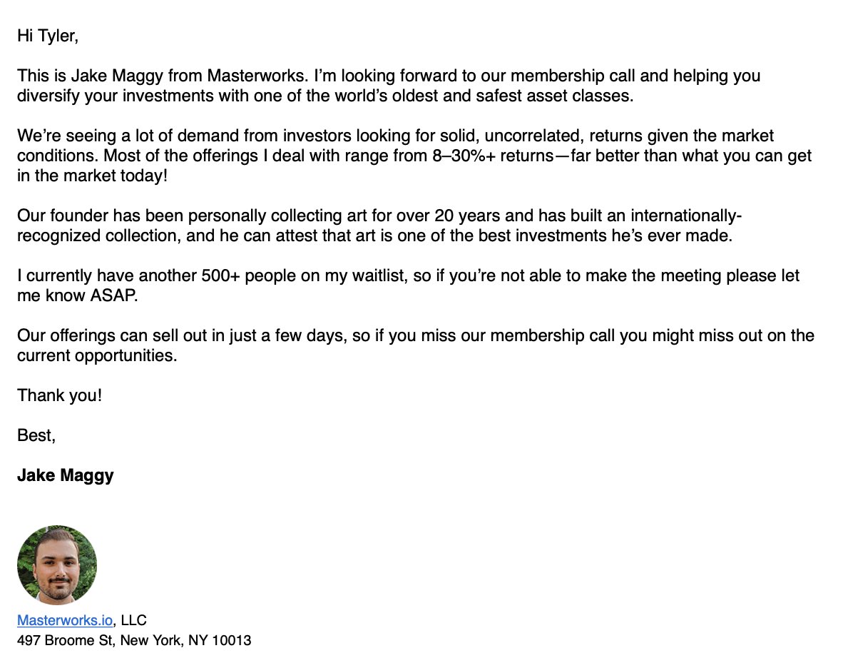 they follow up with an automated email a day after signup, but it’s a plain-text “personalized” email stripped of any obvious marketing assetsadding the reps’ face at the bottom humanizes the email and creates a sense of accountability to attend4/