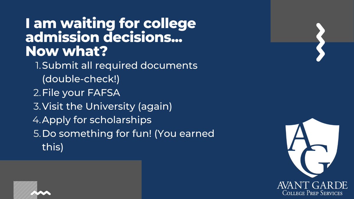 AvantGardePrep's tweet photo. The time between college applications and admissions is an important time. Here are some tips we have for this time! 
#student #college #collegeprep #tutor https://t.co/T2LxQjFQES