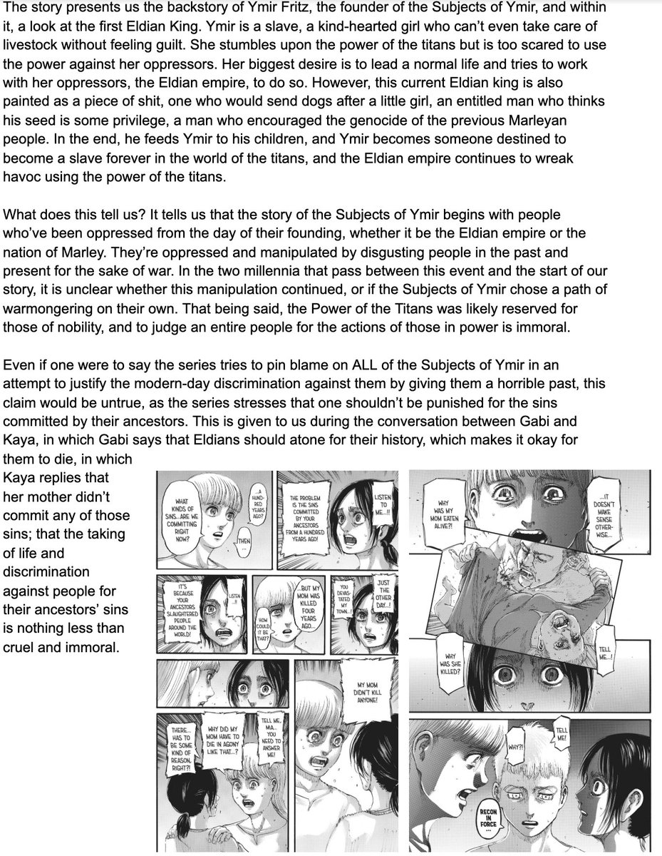 Attack on Titan is NOT the pro-war, pro-fascism, pro-imperialism, or antisemitic propaganda that people have been accusing it of being.A look into details within the context of the story and the story’s themes shows these claims are unsubstantiated. Thread (Manga Spoilers):
