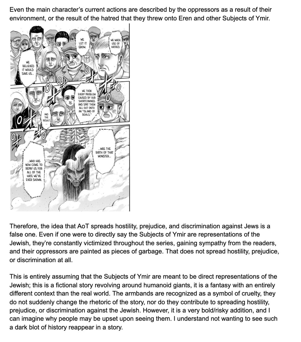 Attack on Titan is NOT the pro-war, pro-fascism, pro-imperialism, or antisemitic propaganda that people have been accusing it of being.A look into details within the context of the story and the story’s themes shows these claims are unsubstantiated. Thread (Manga Spoilers):