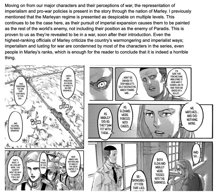Attack on Titan is NOT the pro-war, pro-fascism, pro-imperialism, or antisemitic propaganda that people have been accusing it of being.A look into details within the context of the story and the story’s themes shows these claims are unsubstantiated. Thread (Manga Spoilers):