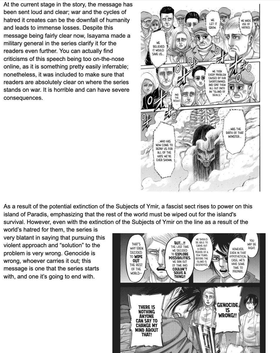 Attack on Titan is NOT the pro-war, pro-fascism, pro-imperialism, or antisemitic propaganda that people have been accusing it of being.A look into details within the context of the story and the story’s themes shows these claims are unsubstantiated. Thread (Manga Spoilers):