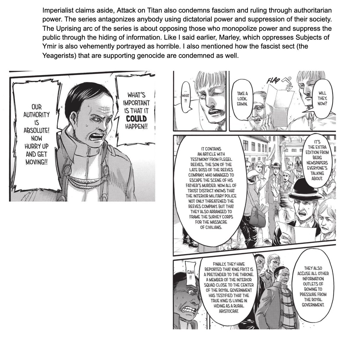 Attack on Titan is NOT the pro-war, pro-fascism, pro-imperialism, or antisemitic propaganda that people have been accusing it of being.A look into details within the context of the story and the story’s themes shows these claims are unsubstantiated. Thread (Manga Spoilers):