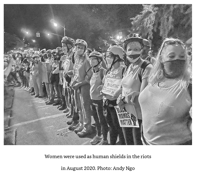 In this picture from Andy Ngo's extremely factual book, Ngo claims Antifa forces women to act as human shields, I assume with space lasers, he doesn't really go into the mechanicsAnyway, congrats to  @WallOfMoms for having your agency stripped by  @MrAndyNgo