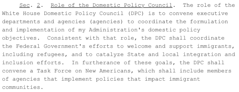 (I'm going to focus on the executive order on "Restoring Faith in Our Legal Immigration Systems.)The Domestic Policy Council will (re)launch whole-of-government efforts to advance the inclusion & integration of immigrants into our communities.Sounds uncontroversial, no?2/