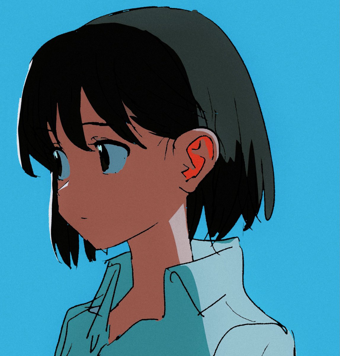 1girl solo shirt blue background simple background black hair short hair  illustration images