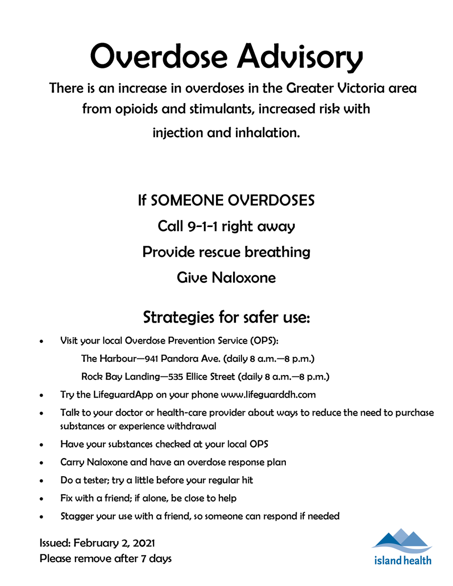 PLEASE SHARE: The overdose advisory in the #GreaterVictoria area has been extended. #yyj