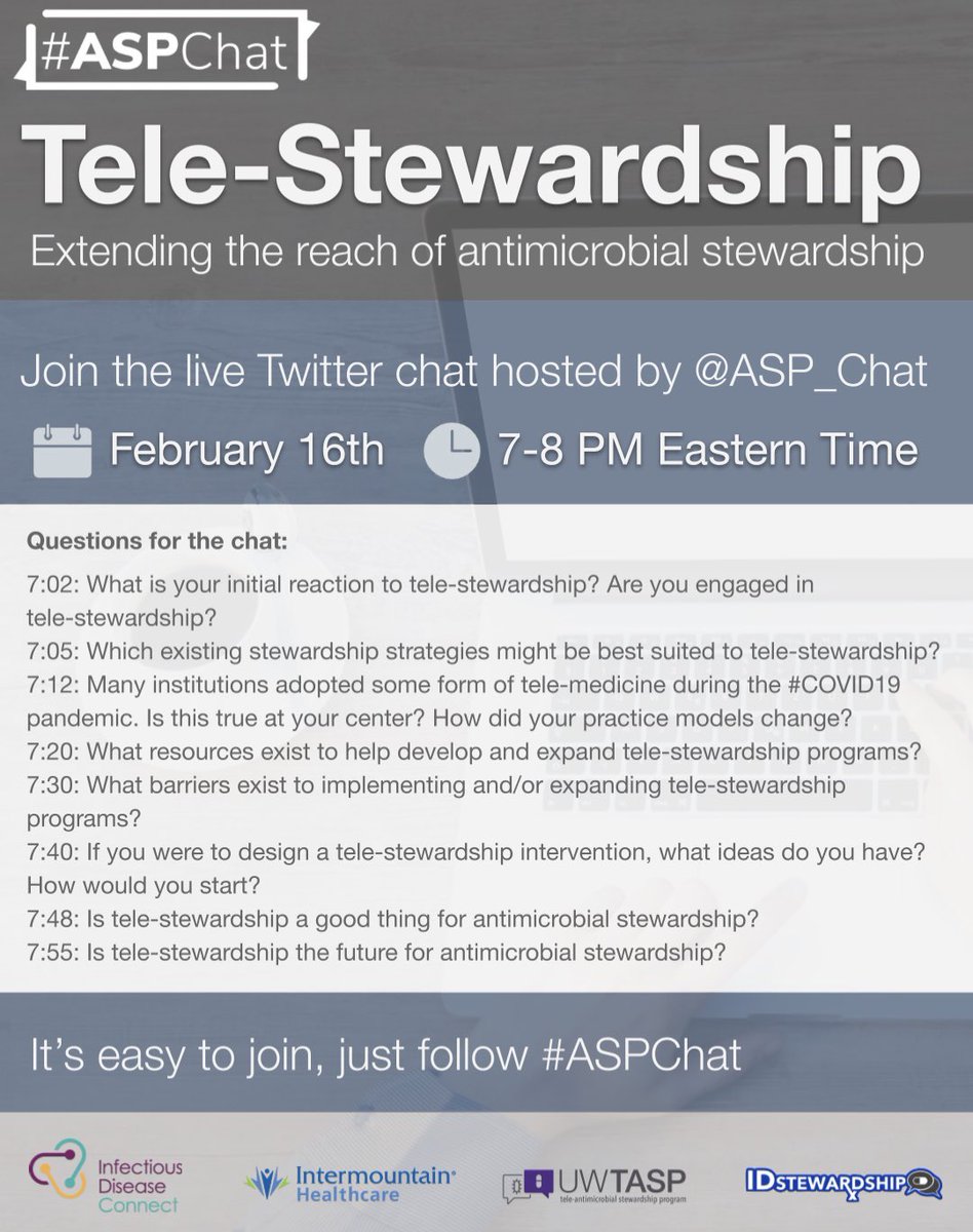 🗓Mark ur calendar for the upcoming #ASPchat about 
tele-stewardship! 

📞🎥🖥💻🤓🧠💊

<a href="/uwtasp/">UW Center for Stewardship in Medicine (CSiM)</a> <a href="/IDConnect1/">Infectious Disease Connect</a> <a href="/Intermountain/">Intermountain Health</a> <a href="/IntermtnMedCtr/">IntermountainMedCtr</a> <a href="/zkePharmD/">Zahra Kassamali Escobar</a> <a href="/E_Stenehjem/">Eddie Stenehjem</a> <a href="/ErinMcCreary/">Erin McCreary</a> <a href="/BRxAD/">Brad Langford</a> <a href="/IDstewardship/">Bug Pharmacist 💊🧫 Tim Gauthier</a> <a href="/stephanieshealy/">Stephanie Shealy</a> <a href="/seattlerupali/">Rupali Jain</a> <a href="/JohnLynchID/">John Lynch</a> <a href="/DASON_duke/">DASON</a> <a href="/SHEA_Epi/">SHEA</a> <a href="/IDSAInfo/">IDSA</a>