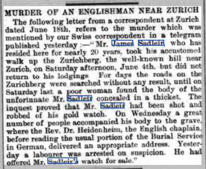 Fast forward to June 1881, and the papers report a minor news story from the Continent, about an Englishman who lived in "strictest privacy" on "independent means" and had been found dead, apparently killed for his watch.