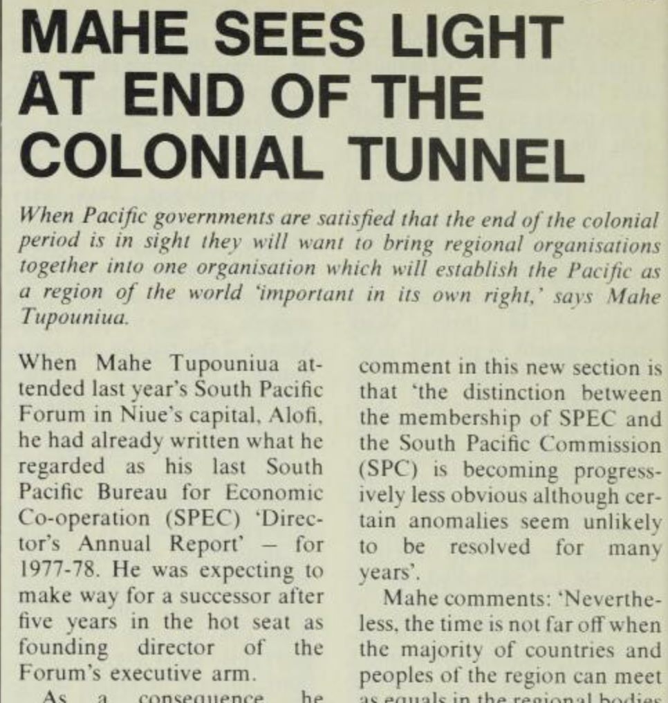 3. So here are a few bits of info from the archives … a short extension of SG's term not unprecedented. In 1979, founding director of SPEC (South Pacific Bureau of Economic Cooperation - predecessor to PIF) Mahe Tupouniua was extended by a year.(PIM Vol 50, no. 3, March 1979)