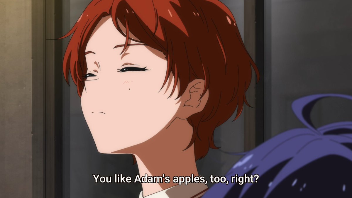 On the other hand she does relax when Ai says that she likes Adam's apples and not only agrees, but says they're sexy - it's possible she admires masculinity and is self-conscious about not being masculine ENOUGH.Or, on the contrary, she feels accepted bc she (might?) have one.