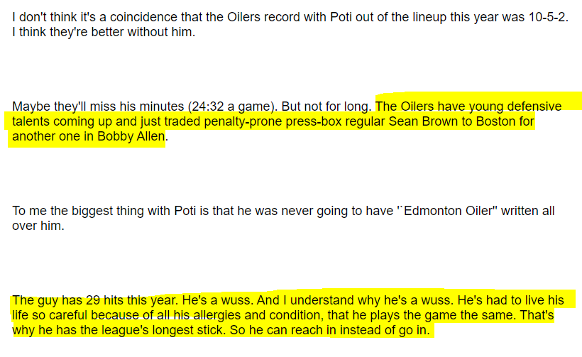 Old friends will remember the 2002 revival "Tom Poti: Maybe They'll Miss His Minutes (24:32 A Game). But Not For Long." http://pub17.bravenet.com/forum/static/show.php?usernum=1397284617&frmid=2117&msgid=43411&cmd=show