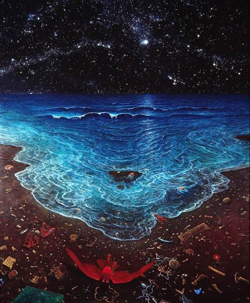 If this were real, would you now want to go there? Painting by @ArtistBeksinski #traveltuesday #martianlandscape #alien #alienworlds #ocean #beach #stars #sky #otherworldly #painting #art