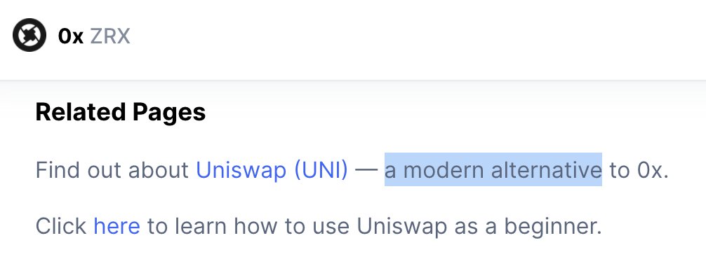 There's a sense that 0x is a 'dinosaur'. CMC calls Uniswap a "modern alternative" to 0xHow's it a modern alternative? 0x sources from Uniswap. They're complementary.  @MessariCrypto: "In short its aggregators who compete for traders, while its AMMs that compete for trades."12/