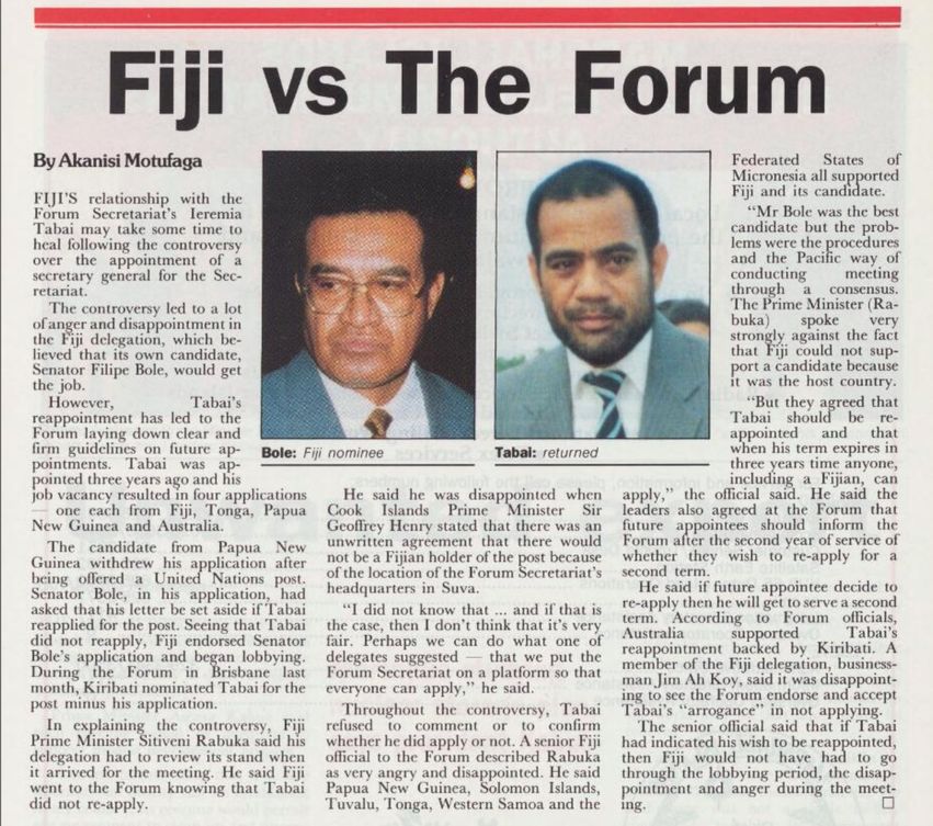 7. Controversy in 1994 over the SG post, especially acrimonious between  #PNG and  #Fiji. Lots of history and power play to this dating back SPEC's formationwhen PNG was still a colony of Australia and was refused membership until independence.PIM. Vol. 64 No. 9 (1 Sept 1994)
