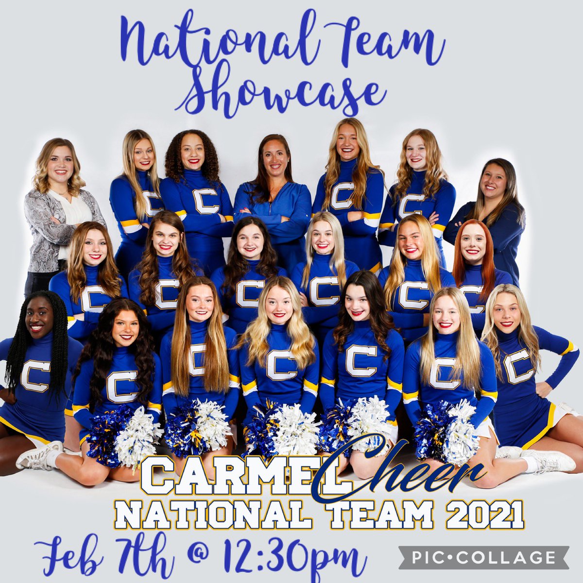CarmelHSCheer's tweet photo. Come check out our National team in the Varsity gym Sunday at 12:30👏🏻👏🏻Masks and social distancing required #runwiththehounds #roadtonationals https://t.co/PeWYhtYcLL