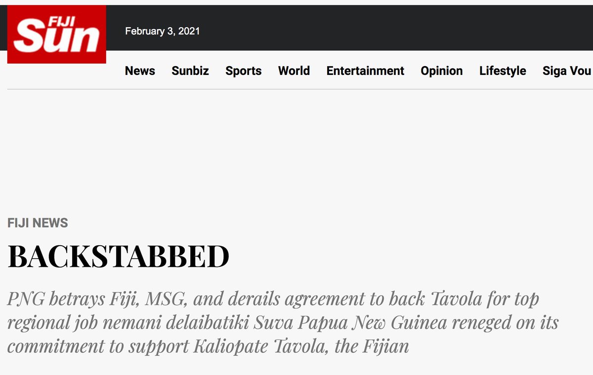 13. 'Backstabbed'. More on the 2014 tussle...  #PNG was accused by  @sun_fiji of “betraying”  #Fiji and breaking Melanesian solidarity, dumping Fiji's candidate Kaliopate Tavolam so Dame Meg could become SG. LINK:  https://fijisun.com.fj/2014/08/04/backstabbed/