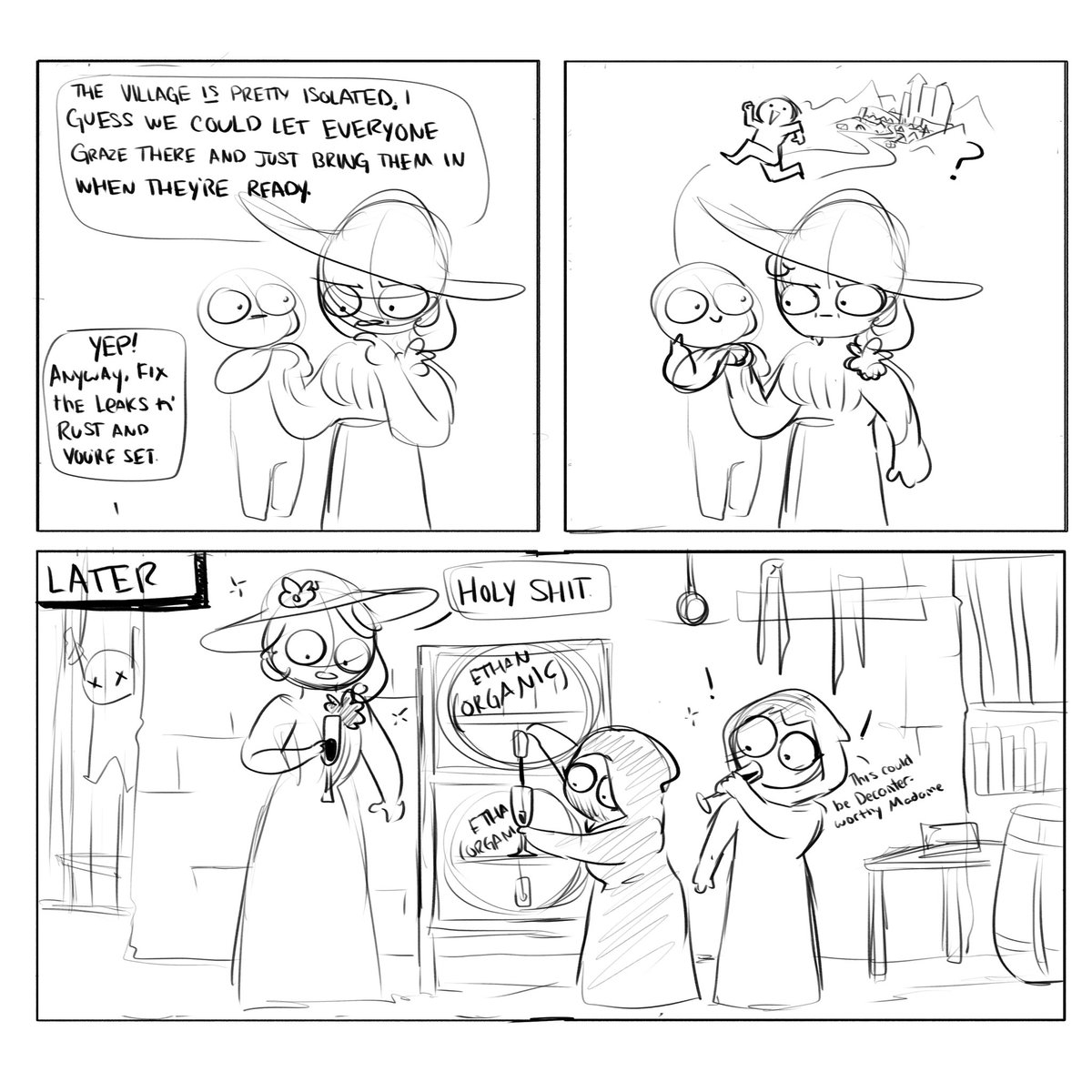 Fun fact, the original draft for this joke was roughly 3 pages long. 3 pages into 4 panels for essentially the exact same joke about horrible wine vampires doing horrible things in the most haute bourgeoisie way possible 