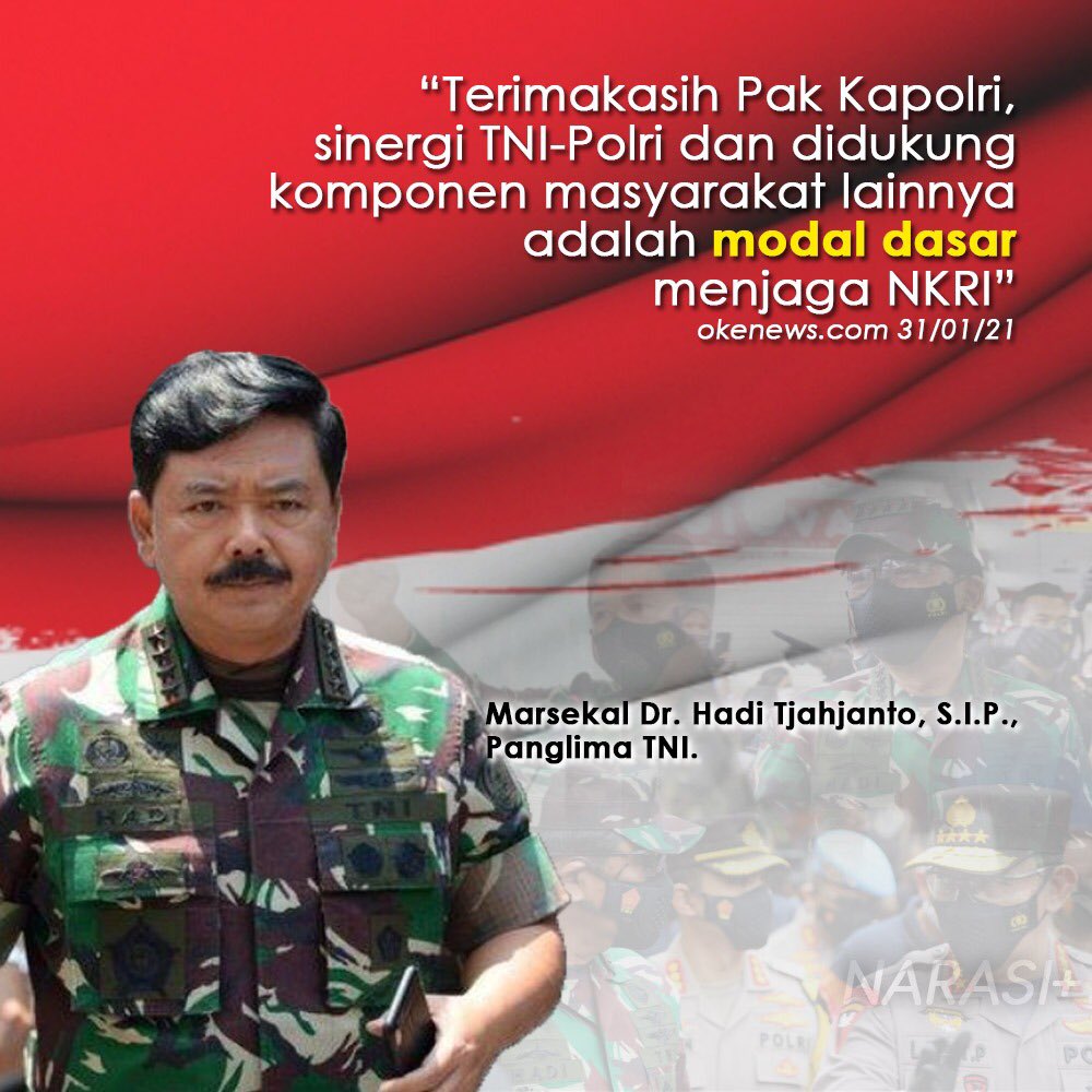 polsekjambitim1's tweet photo. “Terimakasi Pak Kapolri, Sinergi TNI-Polri dan didukung komponen masyarakat lainya adalah modal dasar menjaga NKRI”

-Marsekal TNI Dr. Hadi Tjahjanto, S.I.P. 
Panglima TNI 
Penguatan Antar Lembaga, Polri rangkul seluruh komponen bangsa untuk #BersamaBersinergi dalam menjaga NKRI https://t.co/9Lh4WqPaOj