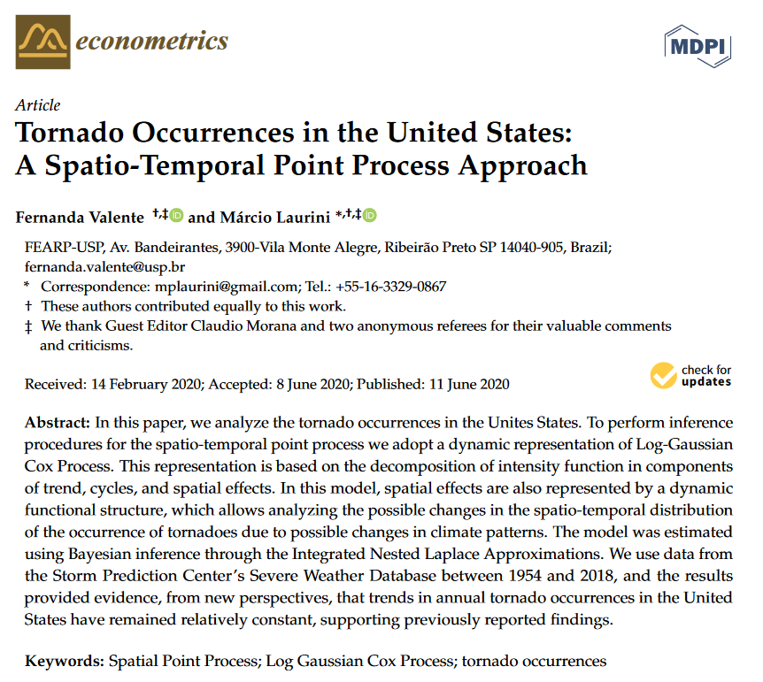 Econom_MDPI's tweet photo. Tornado Occurrences in the United States: A Spatio-Temporal Point Process Approach (by by Fernanda Valente and Márcio Laurini @FEARPUSP)
Click here to read🆓https://t.co/ChaKKnK4T5
#SpatialPointProcess
#LogGaussianCoxProcess
#TornadoOccurrences https://t.co/JZ2w04uCnS