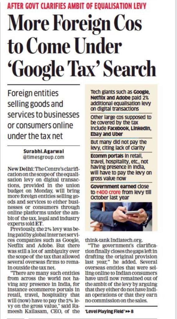 IndiatechO's tweet photo. @SurabhiA_ET reports on the recent clarification on applicability of #equalizationlevy that featured in the fine print of #Budget2021. @rameeshkailasam shares his views on what this means for the ecosystem and the gaps the clarification addresses. More at: https://t.co/OTqPlY4mQE https://t.co/nMcsnFAG4G