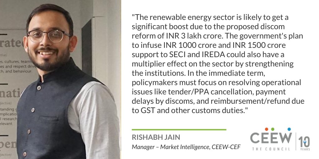  #Budget2021 The  #renewableenergy sector is likely to get a significant boost due to the proposed discom reform of INR 3 lakh cr. The government's plan to infuse INR 1000 cr & INR 1500 cr support to SECI & IREDA could also have a multiplier effect:  @rjain88  #energytransition