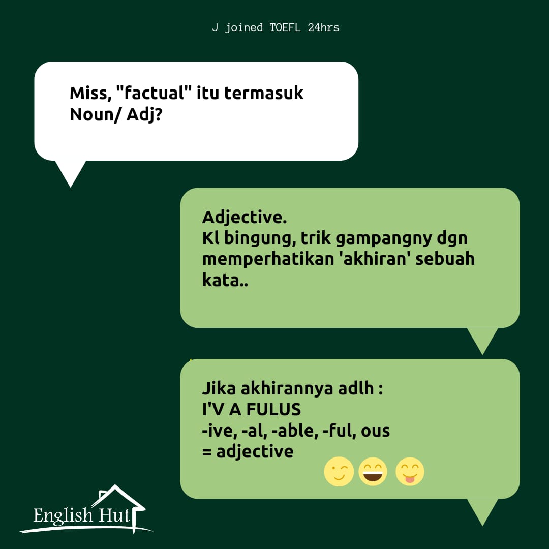 Undangan spesial untuk kamu

Perkenalkan, program baru kami TOEFL 24hrs!

Dalam program ini, kamu bisa belajar bhs inggris (khususnya program persiapan TOEFL) dimana aja dan kapan aja via WA. Jika ingin bertanya atau berminat gabung, langsung klik link ini
linktr.ee/englishhut