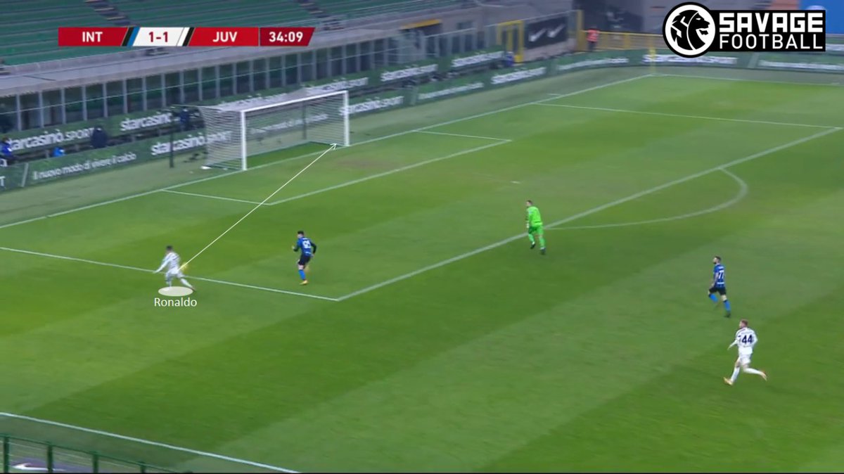 Pressing dari Bernardeschi mampu membuat de Vrij back pass. Bastoni yg mendapatkan bola, tidak cukup aware dgn keberadaan Ronaldo. Handanovic juga ikut keluar dari areanya, sehingga Ronaldo bisa memanfaatkan peluang ini menjadi gol.